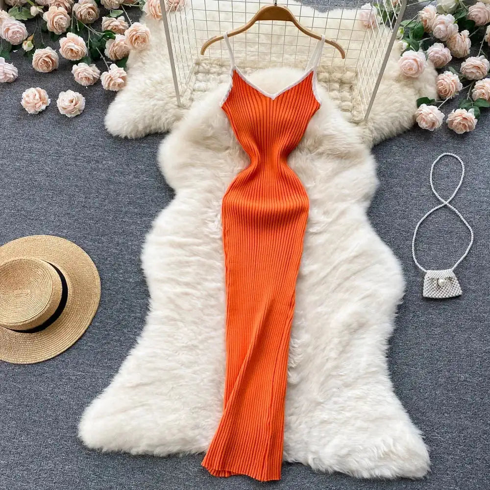 Summer V Neck Knit Sexy Strap Dress Women Elatic Waist Bodycon Sundress Female Beach Backless Maxi Long Dress - Lootquake