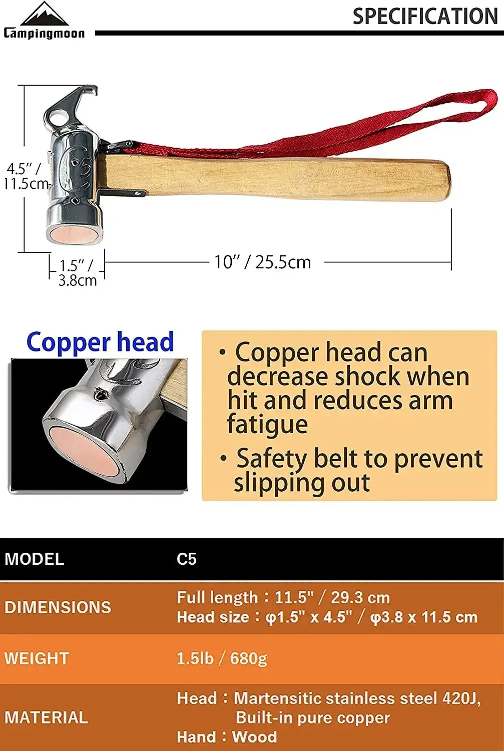 Campingmoon 1PCS Outdoor Multi-purpose Stainless Steel Copper Head Nail Puller Camping Hammer Fixed Tent Nail With Safety Rope - Lootquake