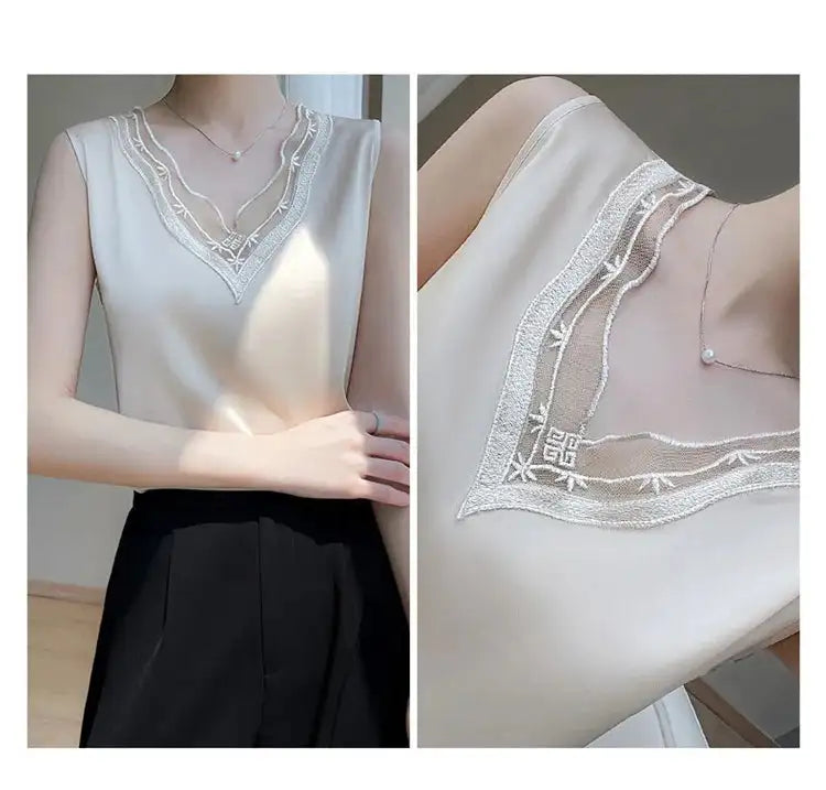 new woman clothing vest camis Tank top women's suit bottom lace lining 2024 summer new silk satin sleeveless top suspender vests - Lootquake