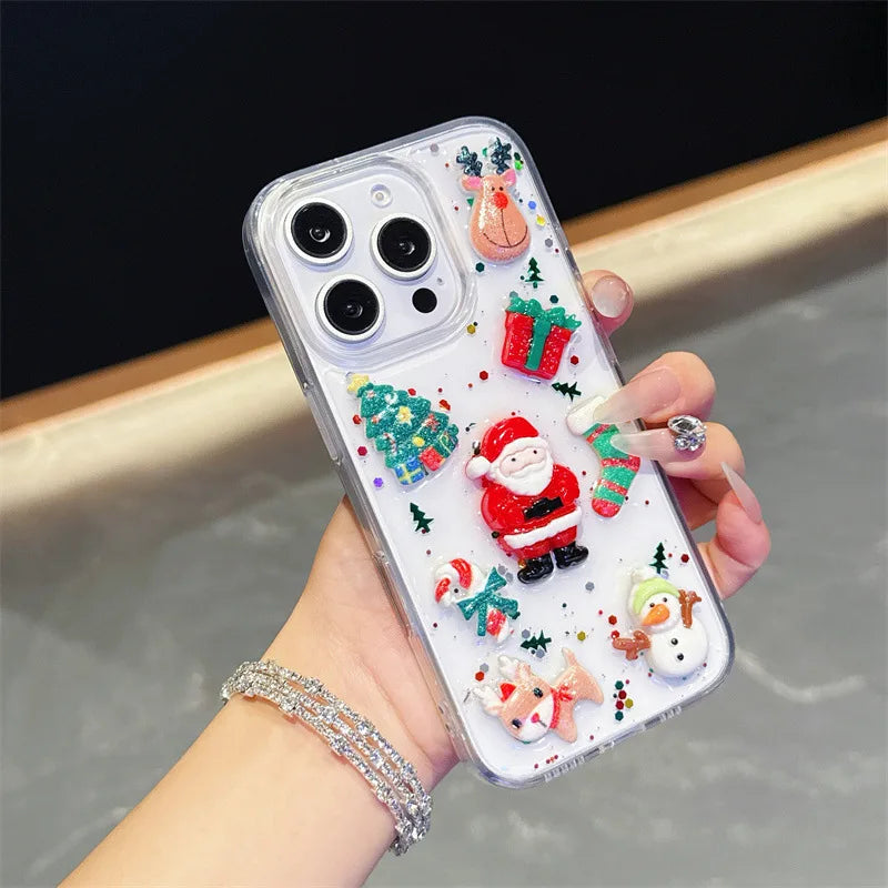 Funda para iPhone con purpurina y pegamento en forma de gota navideña con dibujos animados en 3D