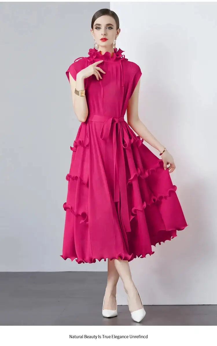 Miyake Pleated Shoulder Bag Heavy Industry Wood Ear Edge Pleated Lace-up Belt Long Dress Stand Collar Plus Size Women's Clothing - Lootquake