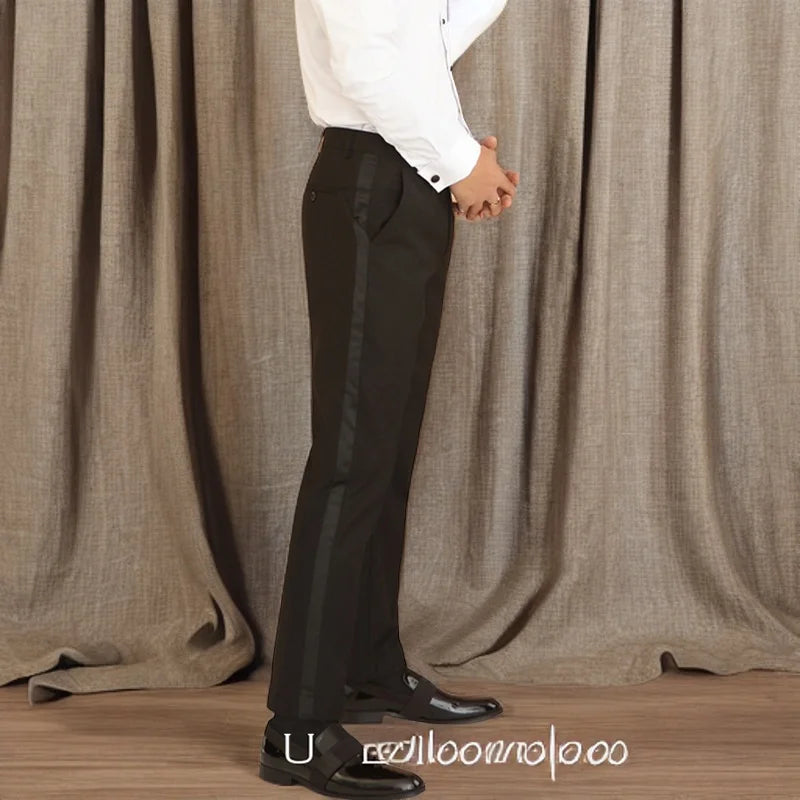 Black Men Pants with Side Satin Stripe One Piece Slim Fit Formal Male Trousers Official Fashion - Lootquake