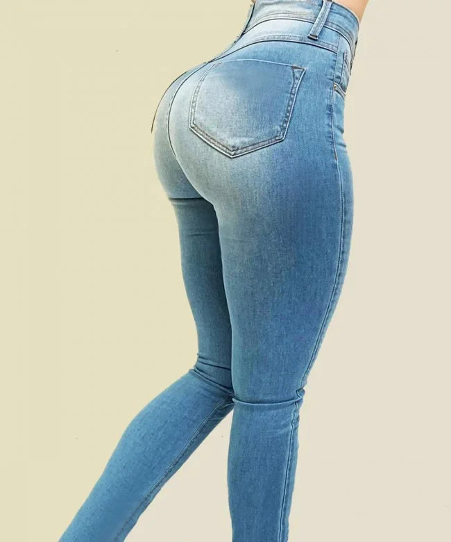 Woman's pure color jeans denim high waist jeans street play cultivate one's morality pants shaping figure with high waist jeans - Lootquake