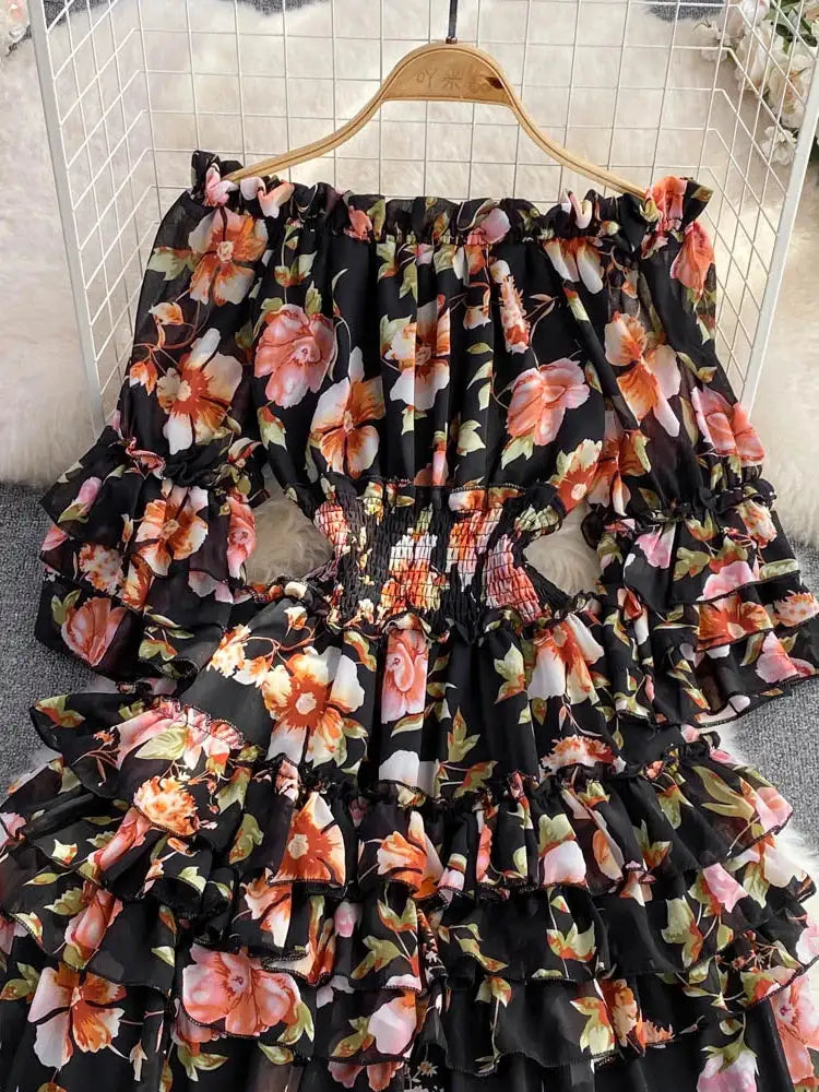 Summer New Off Shoulder Wrap Waist to Show Thin A-line Fragmented Cake Dress Women's Beach Vacation Chiffon Long Dress GD820 - Lootquake