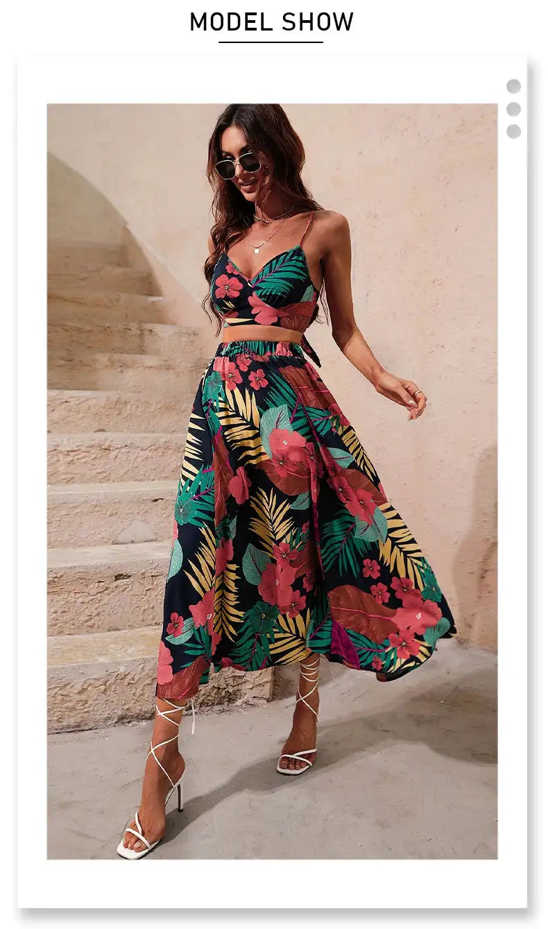 Y2K Bikini Crop Tops Long Dress Sexy Set for Women Summer Fashion Two Pieces Skirt Beach Style Floral Print Midi Sexy Boho Sets - Lootquake