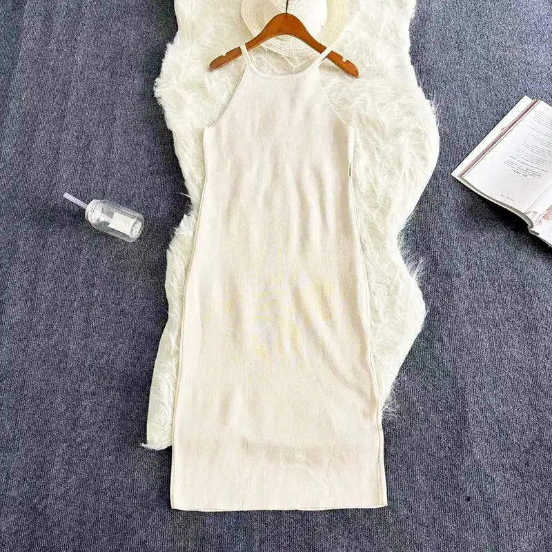 2024 Sexy Summer Knit Strap Dress Women Halter Elatic Waist Bodycon Sundress Female Beach Solid Maxi Long Dress - Lootquake