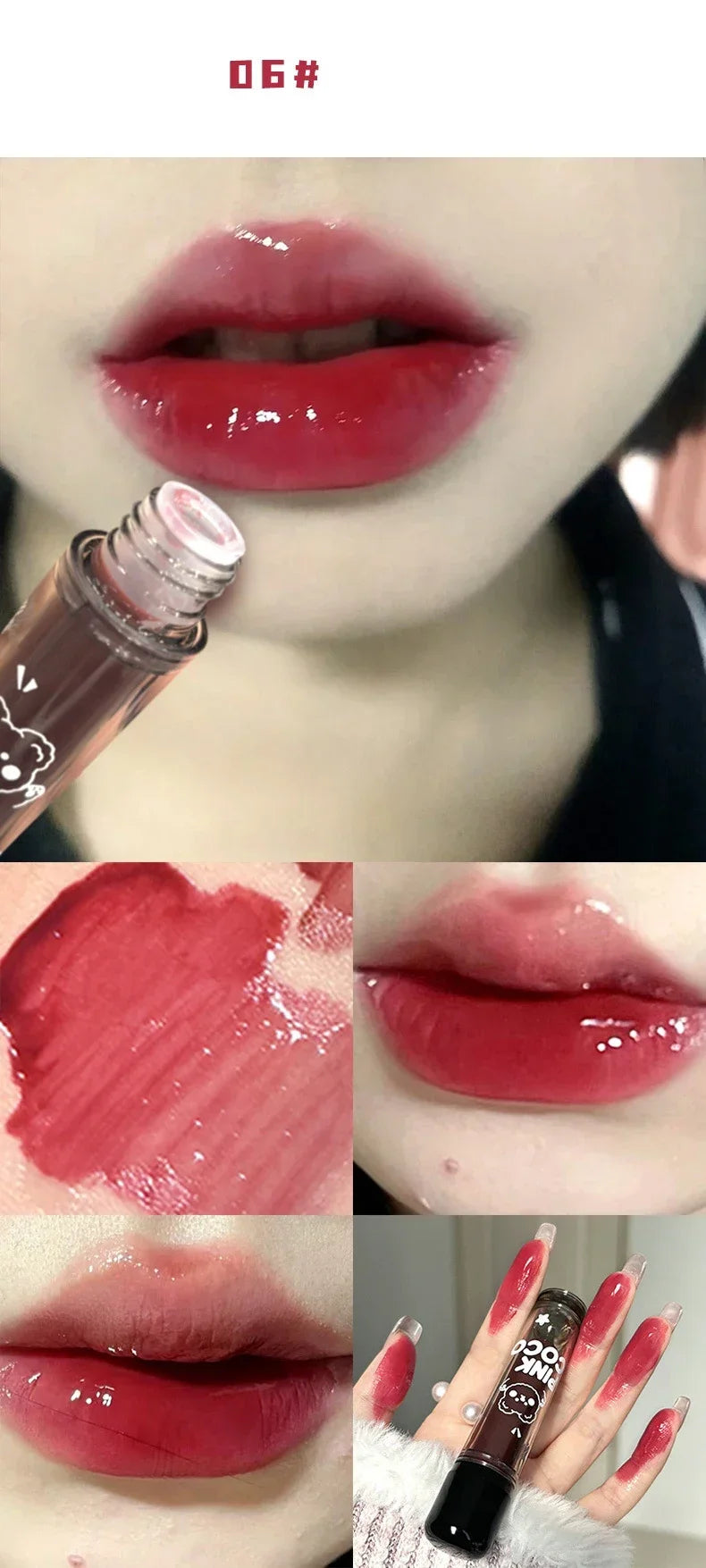 Lápiz labial líquido rojo oscuro con efecto espejo, color marrón rojizo, hidratante ligero, antiadherente, con alta pigmentación, maquillaje cosmético para labios.