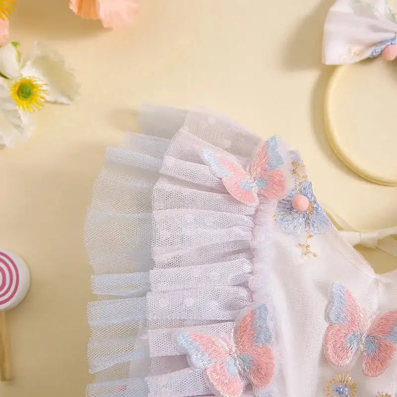Pudcoco Baby Girl 2Piece Summer Set 3D Butterfly Flower Embroidery Fly Sleeve Mesh Romper Dress 3D Bow Headband Toddler Outfits - Lootquake