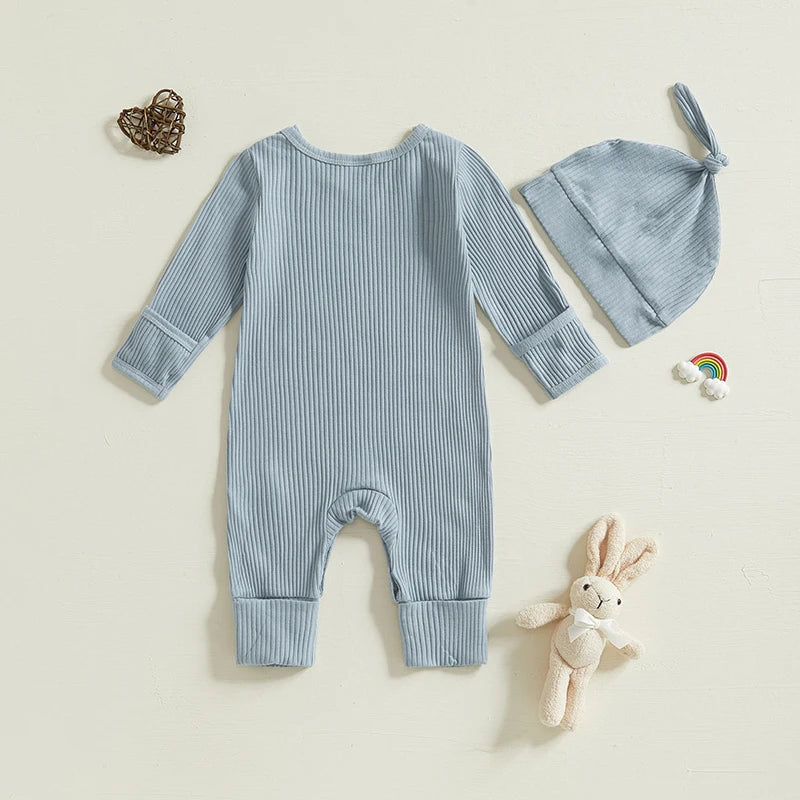 Adorable Easter Bunny Print Romper with Matching Hat for Baby s First Easter Celebration - Long Sleeve Round Neck Jumpsuit - Lootquake