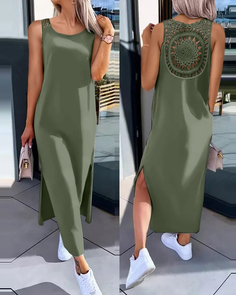 Hollow Out Solid Long Dress Women Fashion Sleeveless O-neck Maxi Dresses For Women 2024 Summer Women's Slim Split Vestidos Black - Lootquake