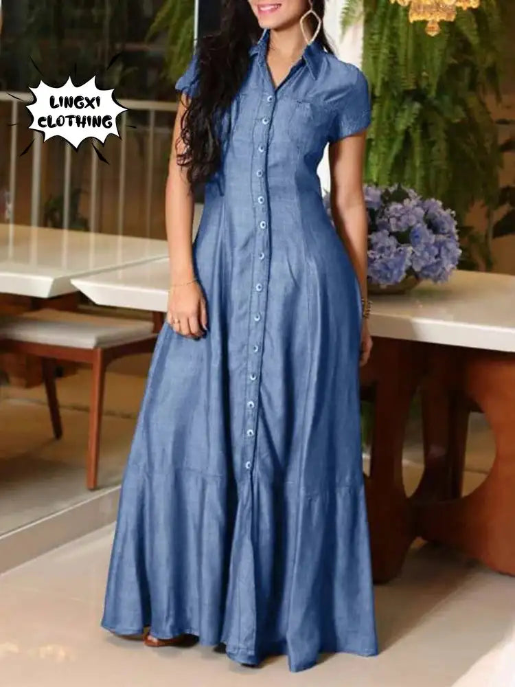 2023 Fashion New Long Dress Shirt Neck Pocket Large Swing Dress Casual Elegant Temperament Single Breasted Denim Dress - Lootquake