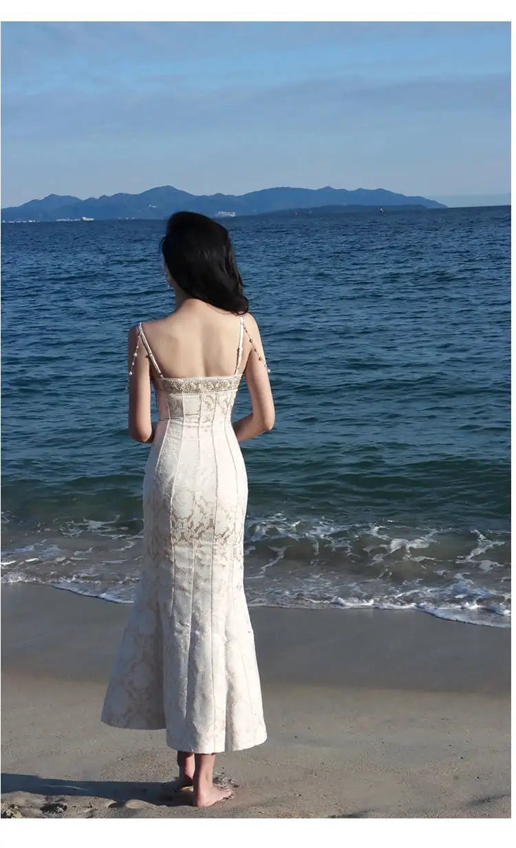 Summer Women Gorgeous Party Mermaid Prom Dress Spaghetti Strap Pearl Beading Ruffles Dress Feminine Backless Trumpet Long Dress - Lootquake