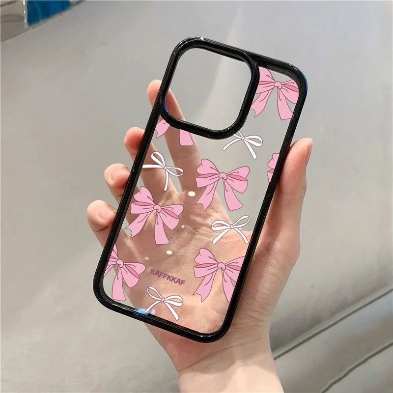 Funda transparente para teléfono con lazo rosa