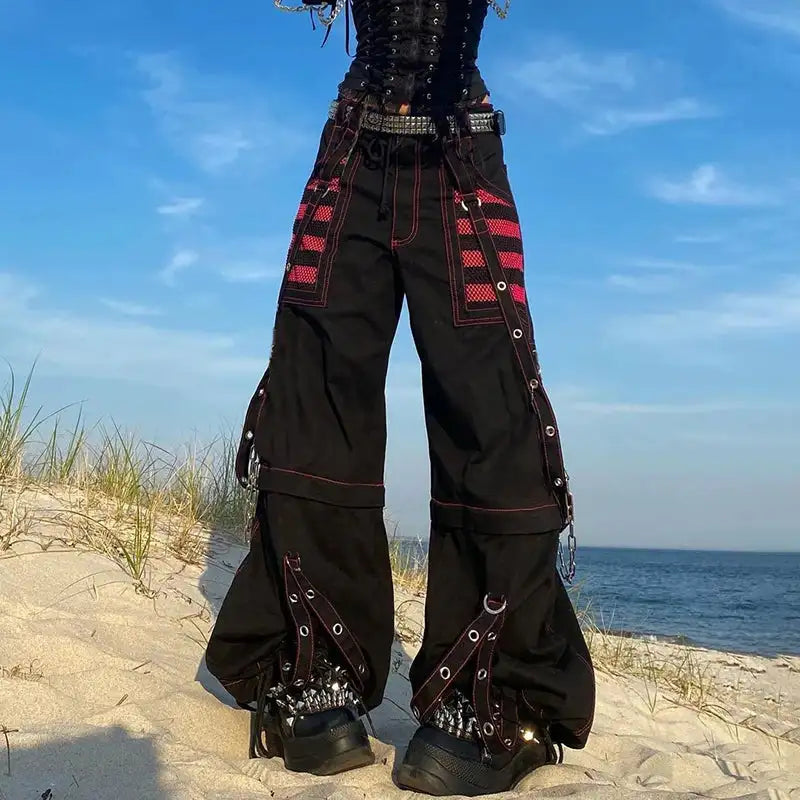 Gothic Women Punk Cargo Pants Wide Straight Leg Pants Grunge Hippie Baggy Trousers Y2k Academic Dark Clothes Streetwear - Lootquake
