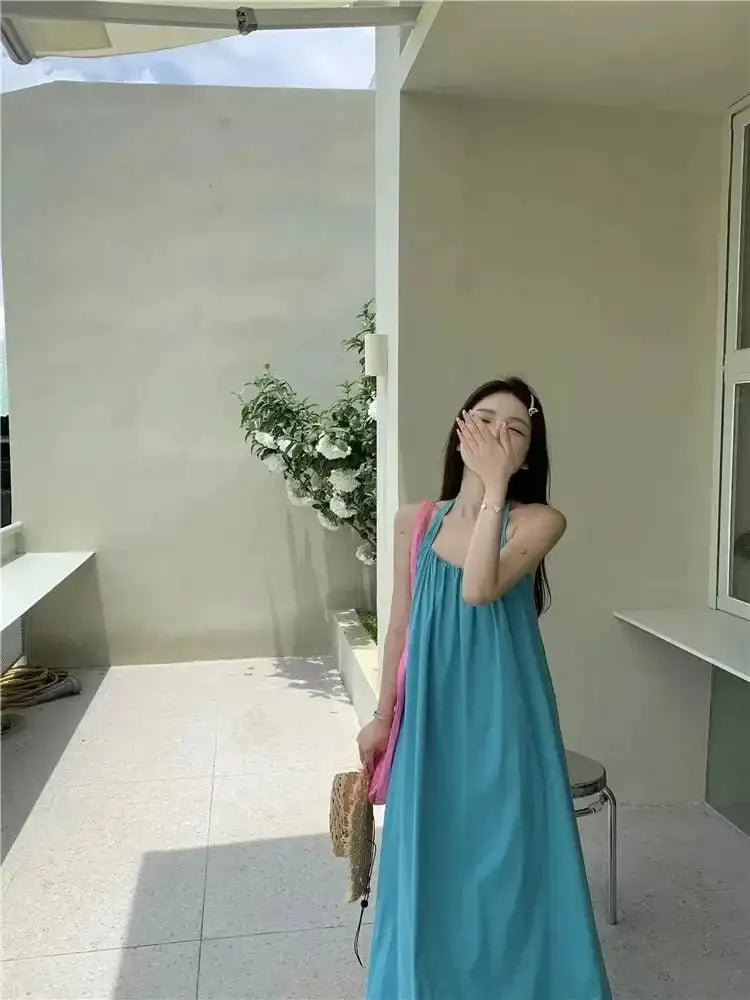 Summer Vacation Dress Thailand Style Open-back Halter Neck Age-reducing Photography Beach Long Dress Belted - Lootquake