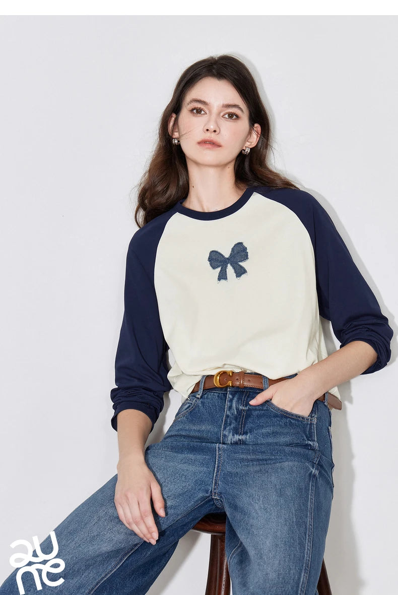 TOYOUTH Women T-shirt 2024 Autumn New Denim Bow Contrasting Color Raglan Sleeve Pullover Casual Tops - Lootquake