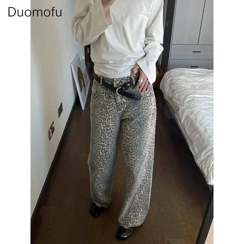 American Washed Leopard Print Wide Leg Jeans for Women Retro Street Distressed New Harajuku Style Hottie Baggy Y2K Casual Pants - Lootquake