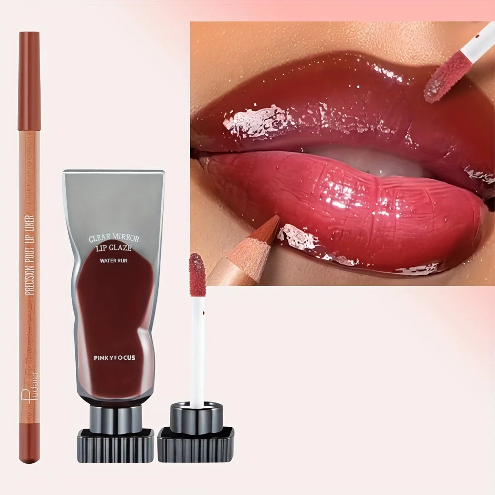 Juego de 2 brillos labiales hidratantes y humectantes y delineador de labios resistente al agua: lápiz labial de alto color, textura brillante