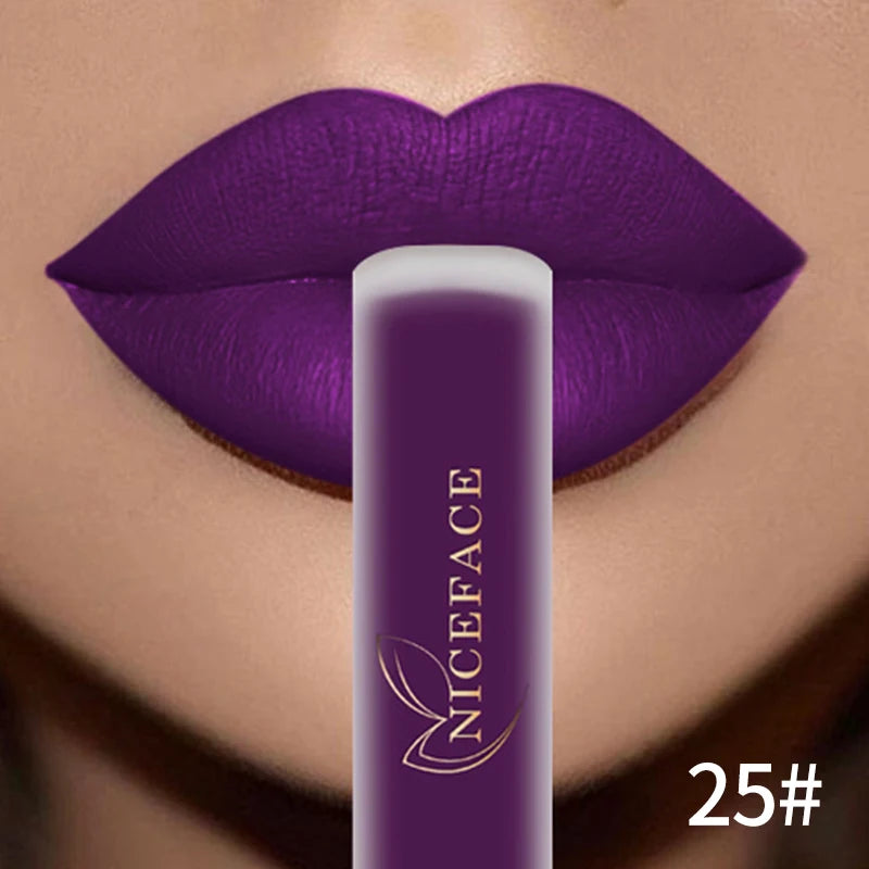 NICEFACE Lápiz labial líquido mate resistente al agua, brillo labial de larga duración, tinte sexy rojo nude morado metálico, lápices labiales, cosméticos de maquillaje