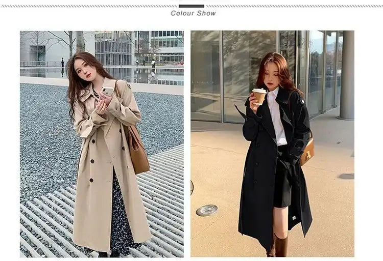 Streetwear Loose Trench Coat Midi Length Fashion Korean Elegant Khaki Black Women's Windbreaker Coat Casual Double Breasted Tops - Lootquake