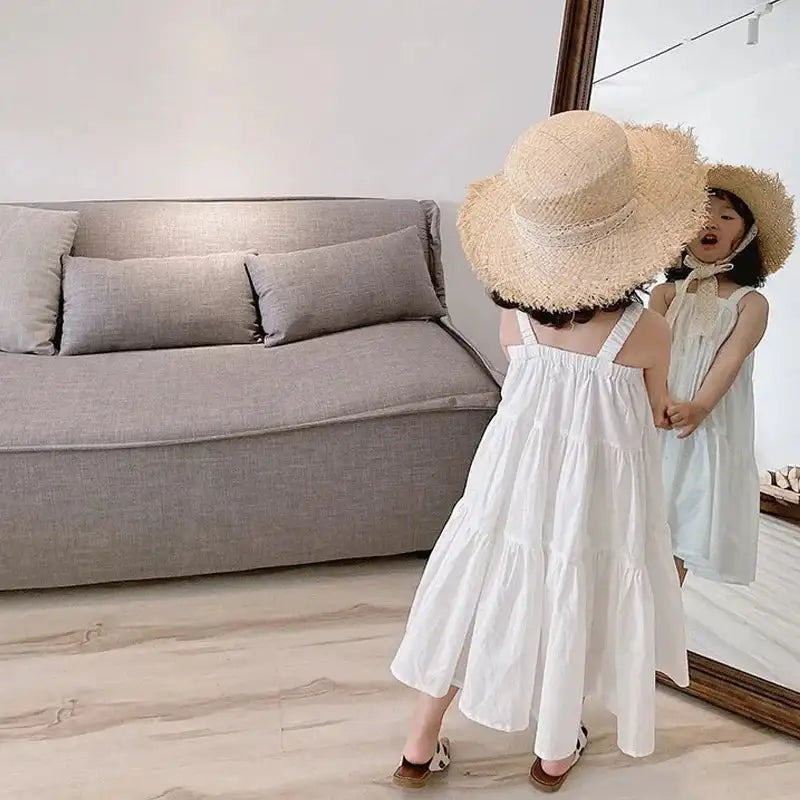 Girls Cotton Solid White Dress Ruffles Kids Strap Dress Summer Sleeveless Toddler Baby Long Dress Girl Clothes 1-6Y Kleid/robe - Lootquake