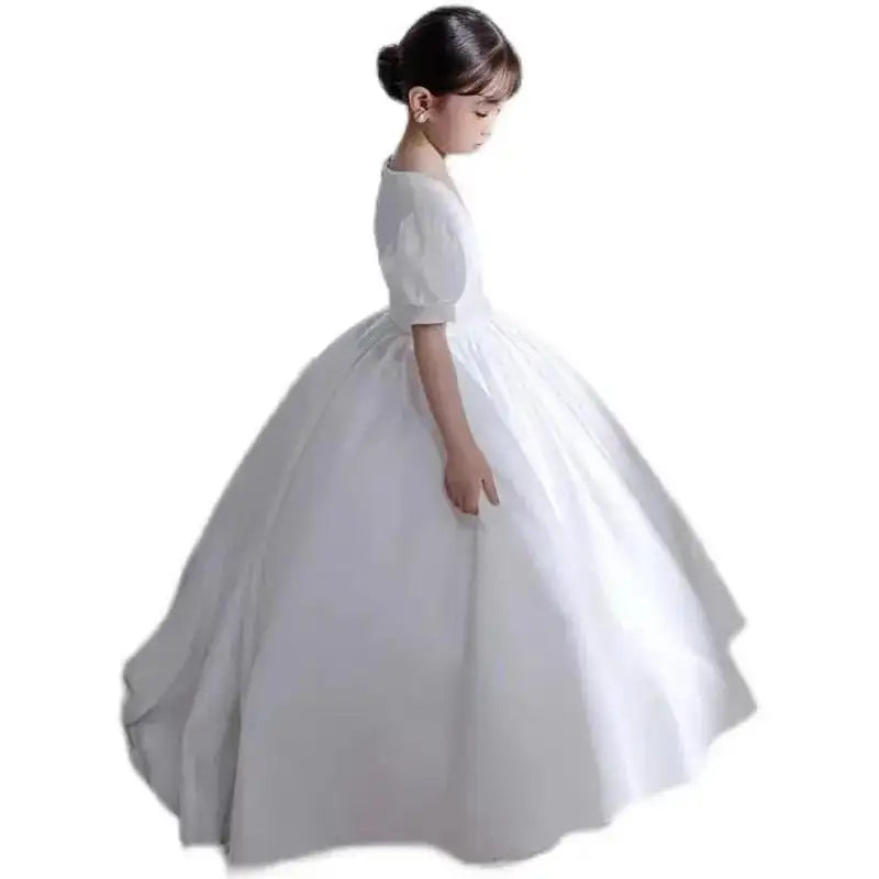 Children's Dress V-Neck White Patchwork Bow Short Sleeve Summer Clothes Fashion Girls Birthday Party Princess Long Dress 3-8year - Lootquake