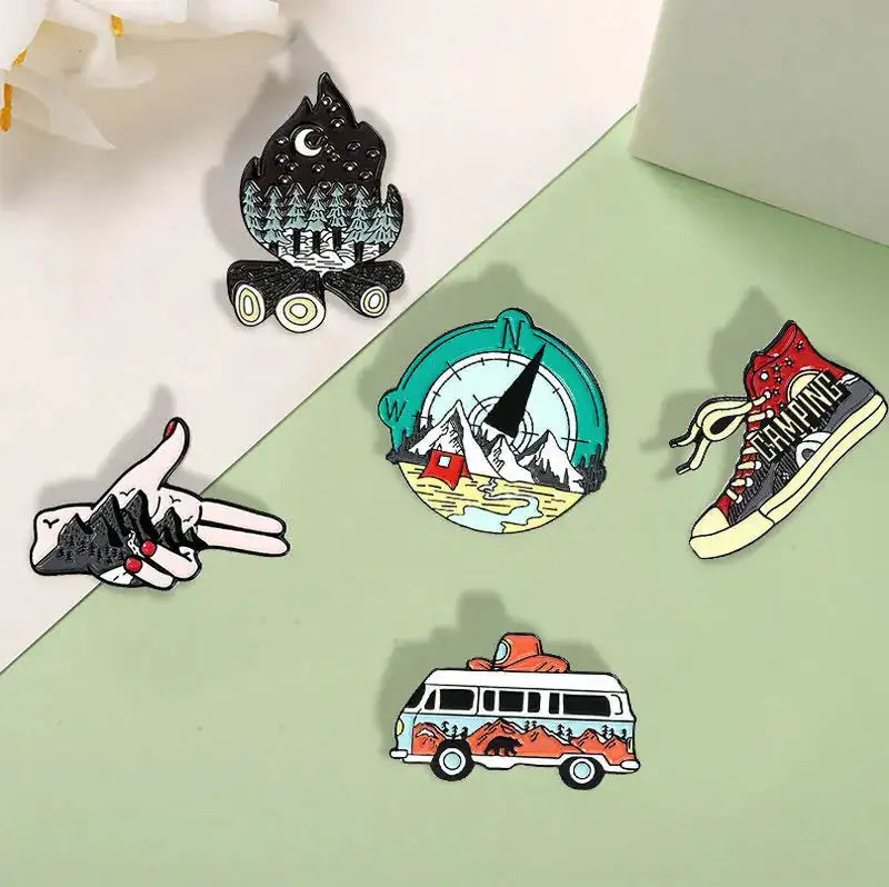 Camping Life Enamel Pin Outdoor Compass Canvas Shoe Bonfire Tent Motorhome Brooches Bag Lapel Pin Badge Jewelry Gift for Friends - Lootquake