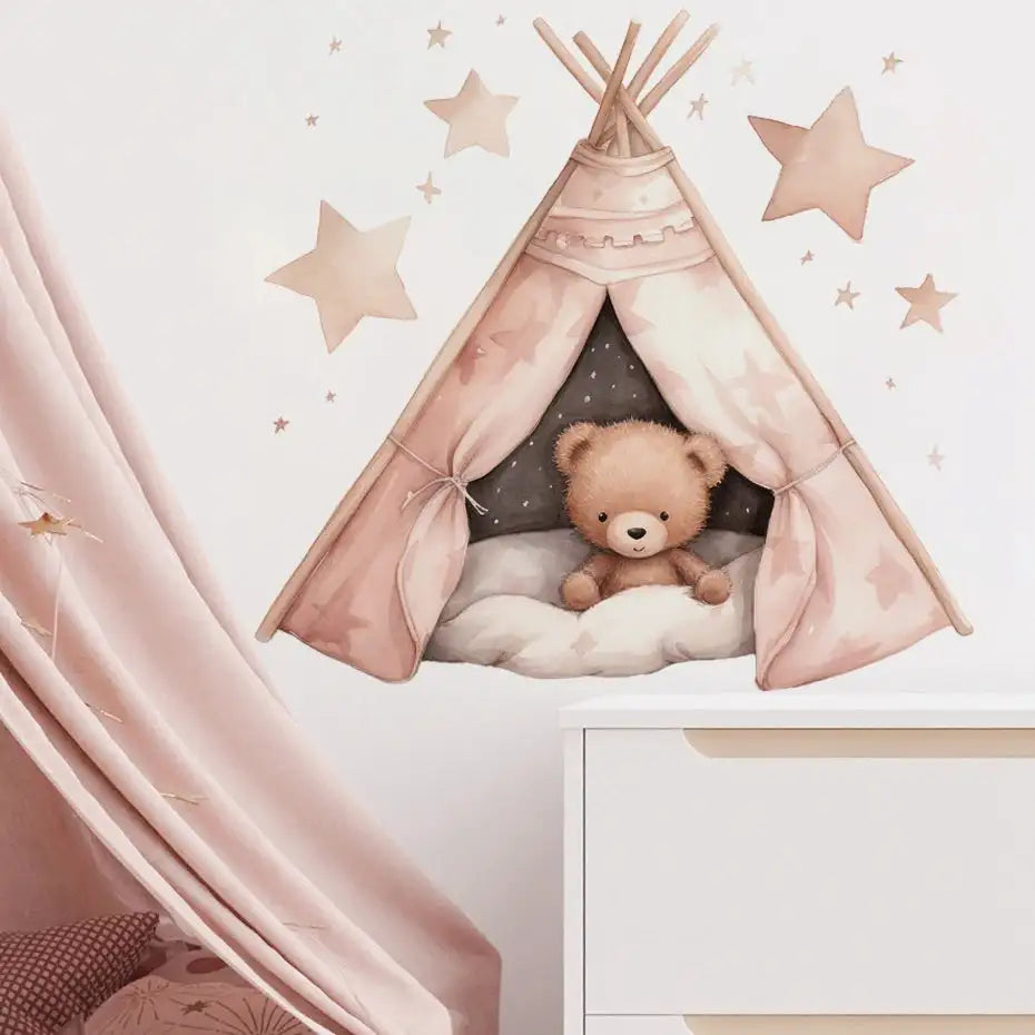 Cartoon Teddy Bear Tent Stars Wall Stickers for Kids Room Nursery Baby Room Decoration Wall Decals Room Interior - Lootquake