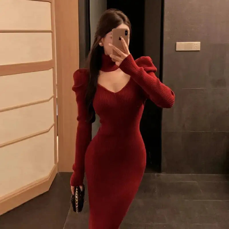 YuooMuoo Chic Fashion Elegant Knitted Long Dress with Neck Scarf 2024 Autumn Winter Ribbed Office Lady Bodycon Sweater Vestidos - Lootquake