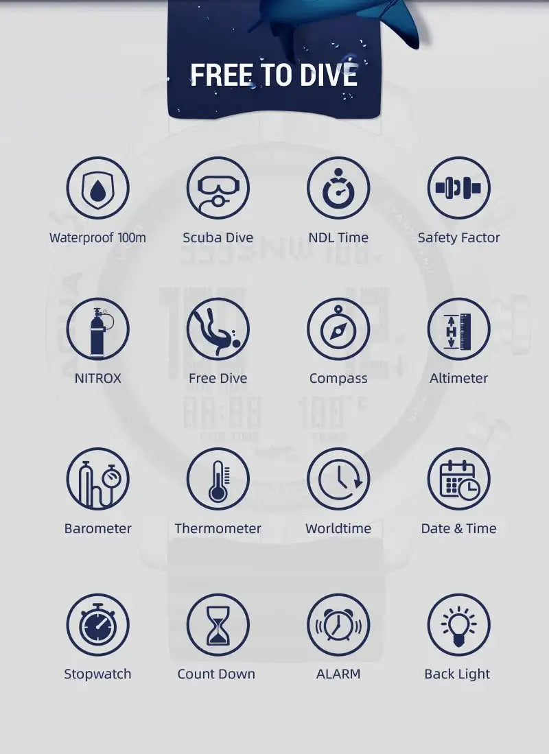Men Dive Computer Watch Waterproof 100M Smart Digital Free Diving Watches Barometer Compass Temperature Clock - Lootquake