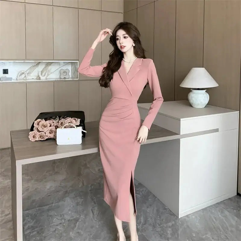 Women Pink Pleated Bodycon Formal Long Dress Autumn Winter Long Sleeve Chic Suit Dress 2025 Korean Fashion Elegant Party Dresses - Lootquake