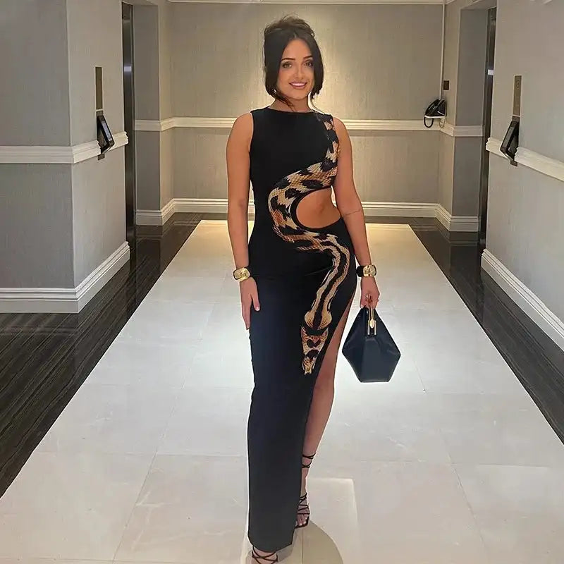 Tossy Python Printed Hollow Out Maxi Dress Female Slim Sexy Side Split Sleeveless Contrast Summer Party Dress Women's Long Dress - Lootquake
