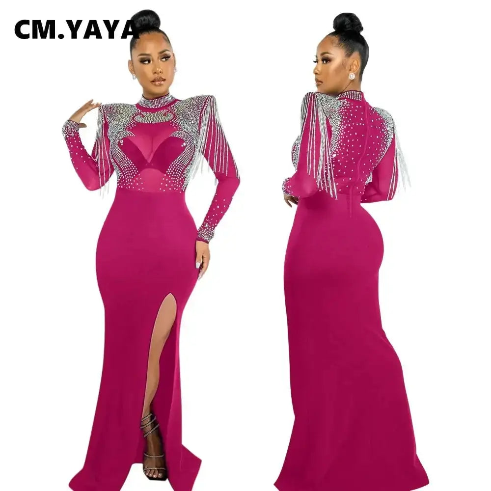 CM.YAYA Women Mesh See Through Long Sleeve Diamonds Hot Rhinestones Mermaid Long Dress Fall Evening Sexy Party Dresses Vestidos - Lootquake