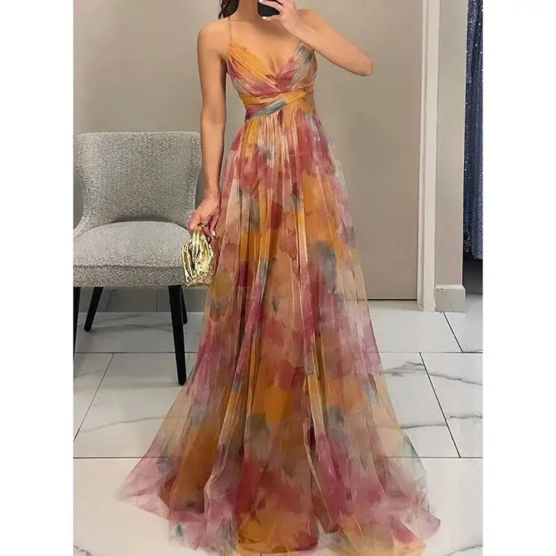 Elegant Print Pleated Mesh Evening Dress Sexy Off Shoulder Ins Vacation Long Dress Summer V Neck High Waist Backless Sling Dress - Lootquake