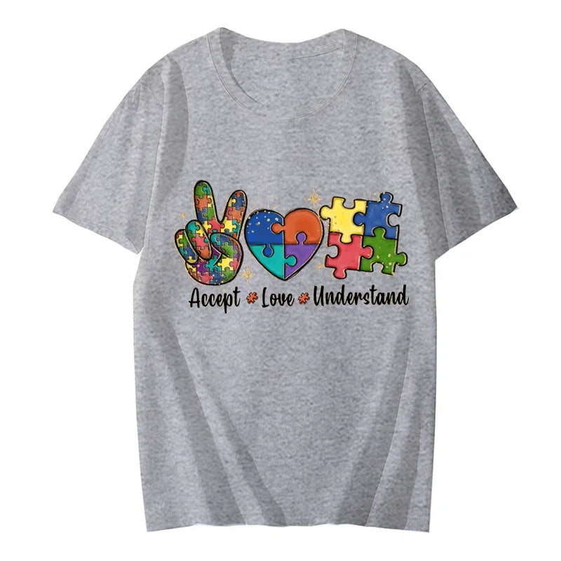 Accept Love and Understand T-shirt Autism Awareness T Shirts Color Puzzle Block Kids Women's Tees Harajuku Streetwear Y2k Tops - Lootquake