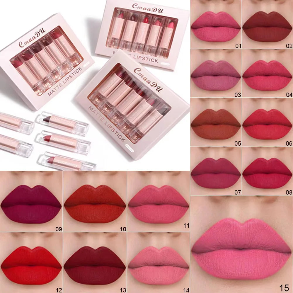 Juego de 5 labiales mate, brillo de labios hidratante, duradero, maquillaje fácil, tonos clásicos de moda para citas diarias, regalo exquisito.