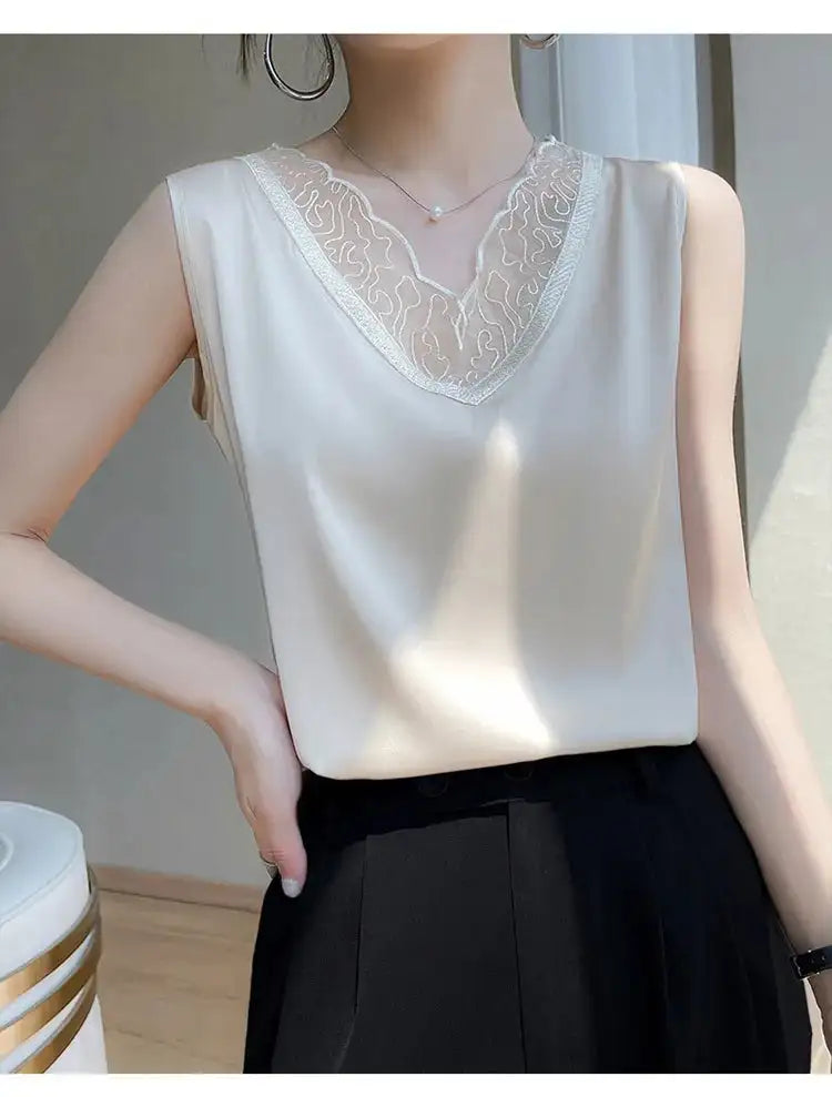 new woman clothing vest camis Tank top women's suit bottom lace lining 2024 summer new silk satin sleeveless top suspender vests - Lootquake