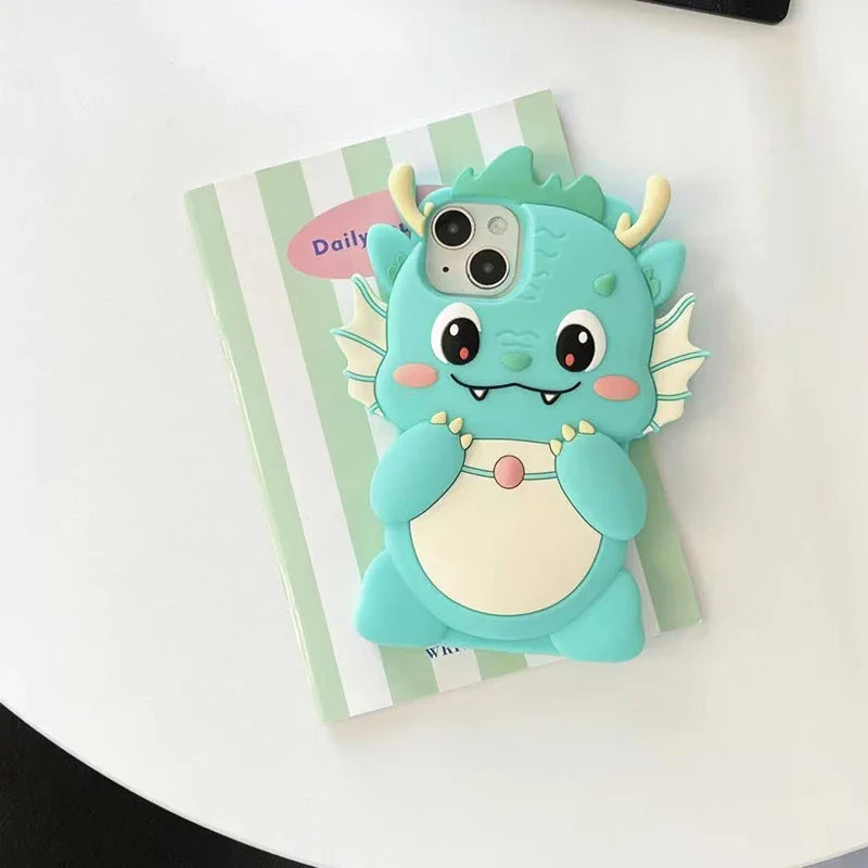 Funda para teléfono con diseño de dinosaurio grande de dibujos animados en 3D kawaii
