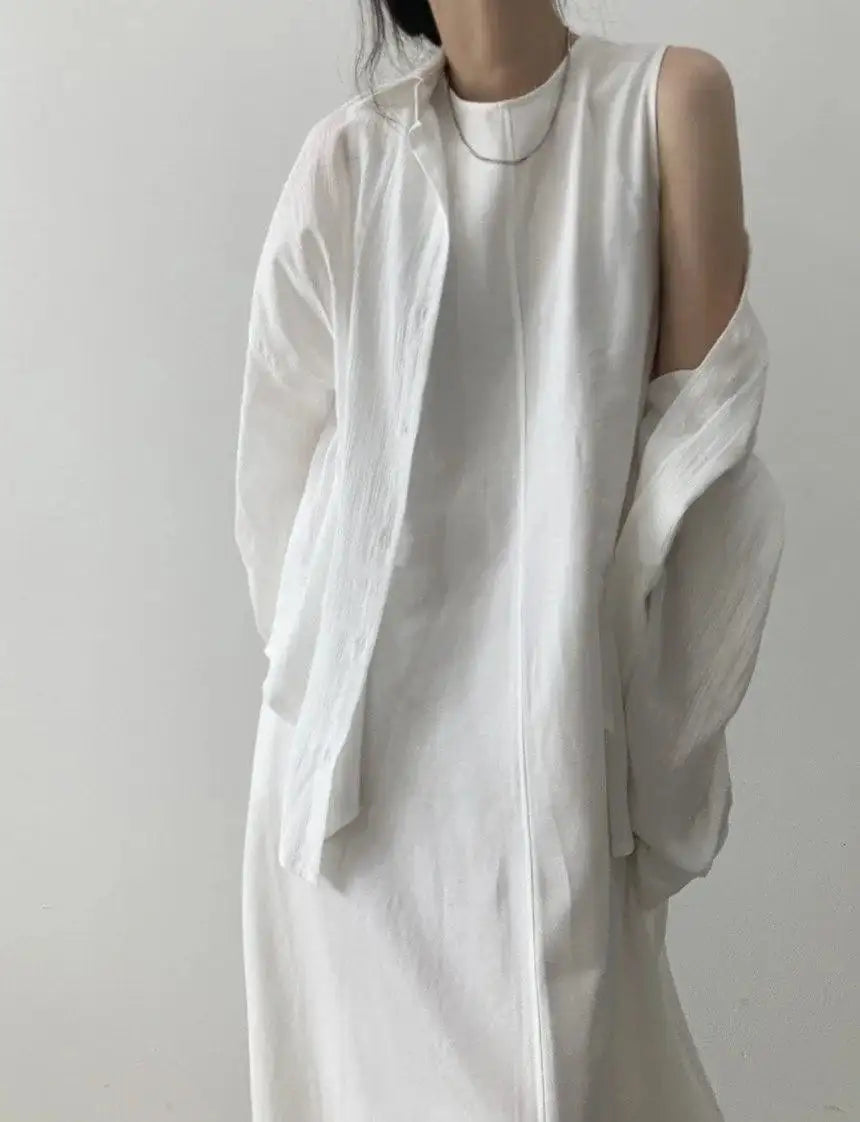 2022 Minimalist Chic Loose Swing Sleeveless Mid-length Casual Cotton Linen Long Dress Round Neck High Waist Women Runway Dress - Lootquake