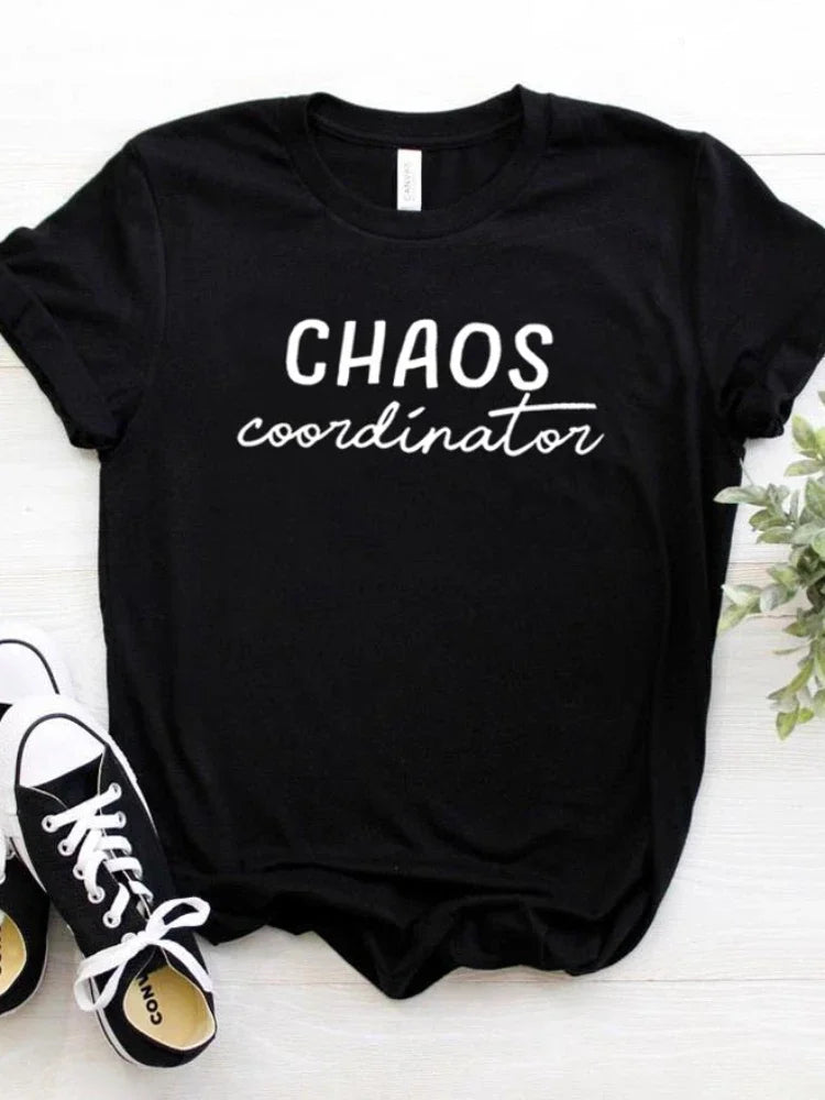 Women T Shirt Chaos Coordinator Letters Print Tshirt Women Short Sleeve O Neck Loose T-shirt Ladies Causal Tee Shirt Tops - Lootquake