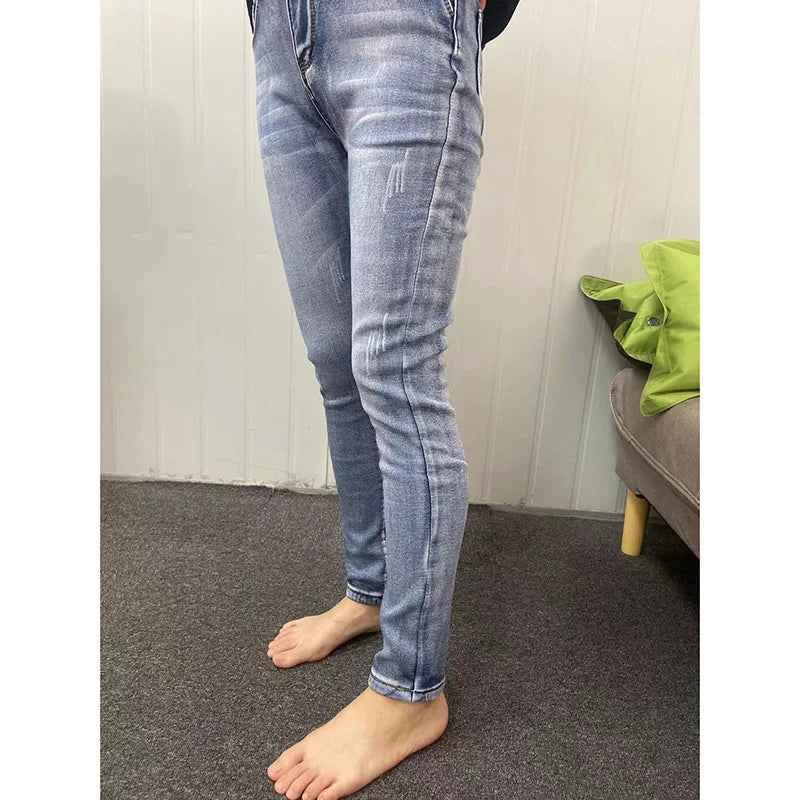Women Thermal Jeans Winter Snow Warm Plush Stretch Jeans Lady Skinny Thicken Fleece Denim Long Pants Retro Blue Pencil Trousers - Lootquake