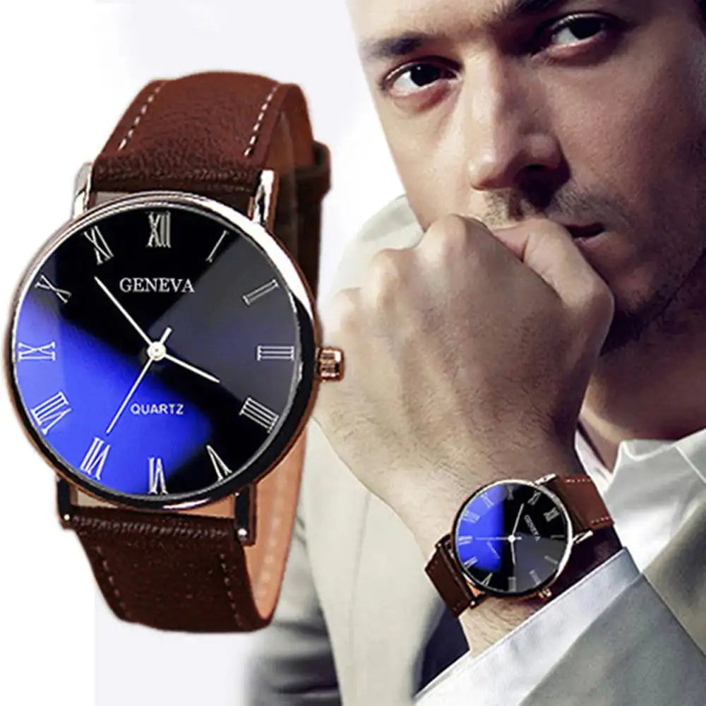 Men Watch Roman Numerals Blu-Ray Faux Leather Band Quartz Analog Business WristWatch 2022 - Lootquake