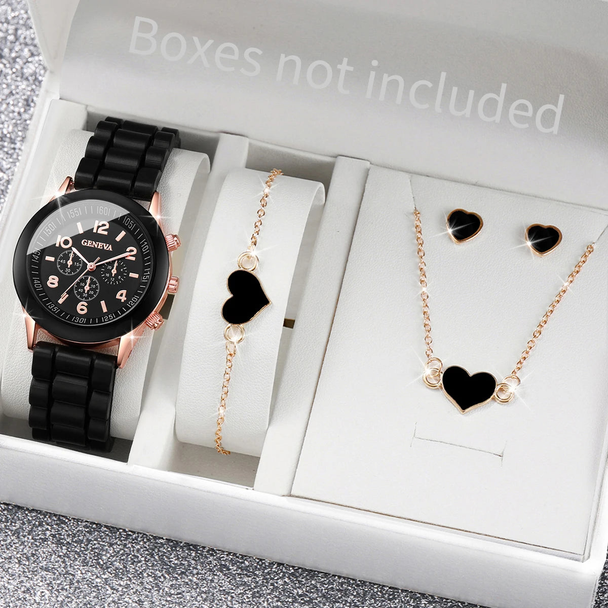 5/6PCS Women Watches Fashion Silicone Band Women Quartz Watches Jewelry Set Reloj Mujer Girls Clock Gift (Without Box) - Lootquake