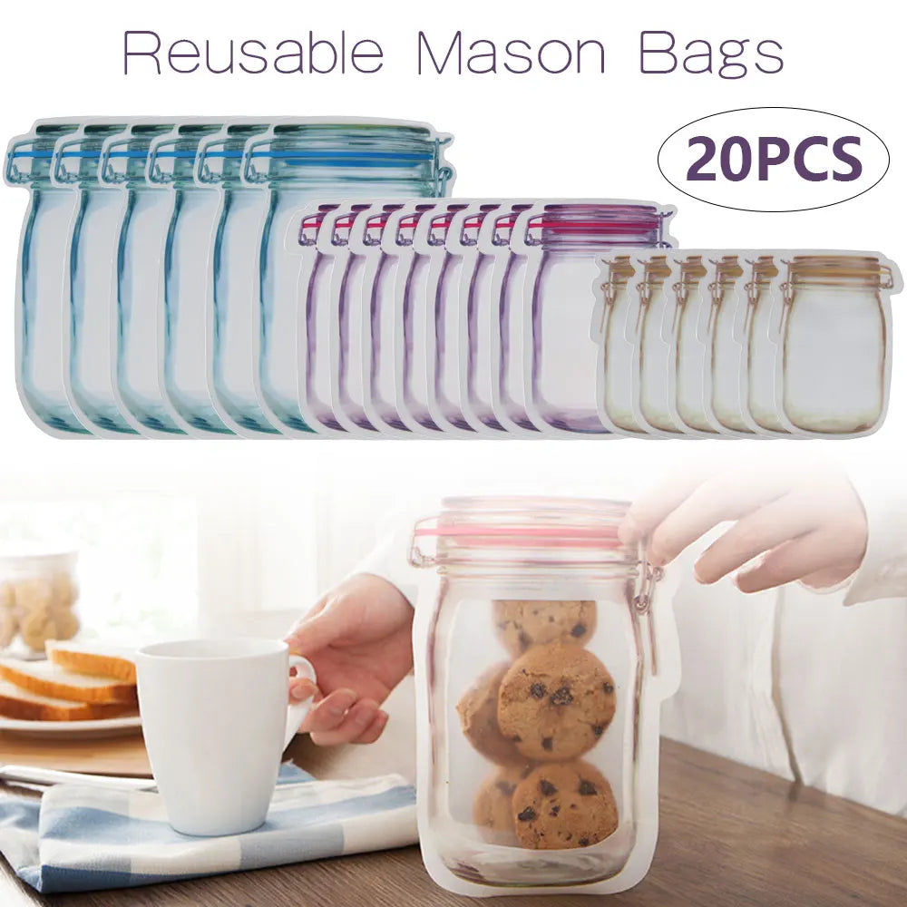 20/40Pcs Reusable Mason Jar Bottles Bags Nuts Candy Cookies Bag Sealed Plastic Bags Home Storage Supply 3 Size Zip Lock Bags New