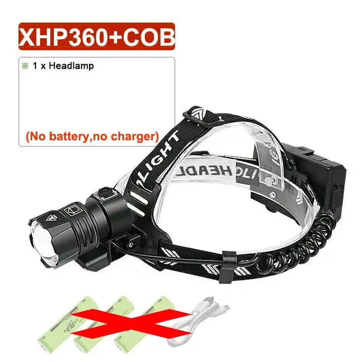 Lampe frontale de pêche haute puissance 1 000 000 lumens XHP360, rechargeable, idéale pour le camping, la randonnée ou la pêche
