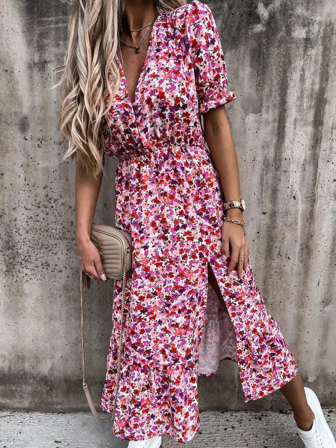 Summer Floral Print Dress Women V Neck Side Slit Long Dress Elegant Short Sleeve Button Slim Spring Female Party Dress Vestidos - Lootquake