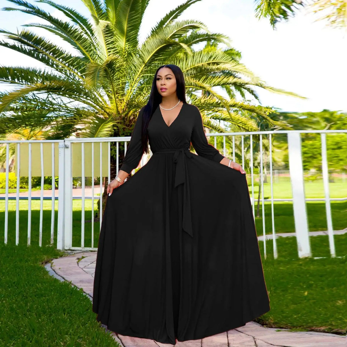 CM.YAYA Elegant Women Wraped V-neck Long Sleeve with Sashes Maxi Long Dress Chic INS Sexy Party Prom Big Swing Pink Dresses - Lootquake