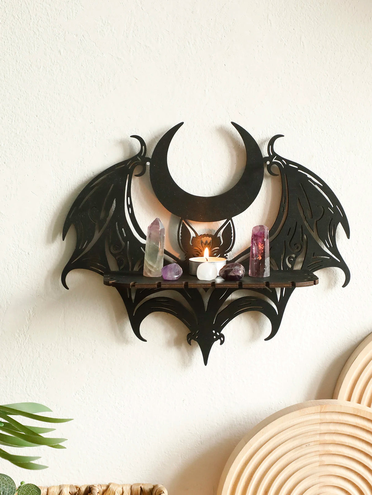 Étagère murale en bois noire pour Halloween, motif gothique chauve-souris et lune, étagère flottante creuse, support en cristal, décoration d'intérieur gothique, décoration de chambre de sorcière