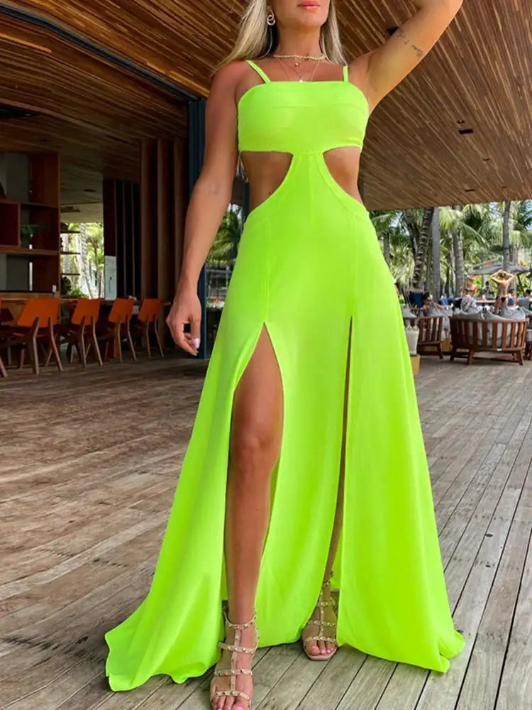 2024 Fashion New Women's Sexy Vacation Dress Solid Long Dress Cut Out Exposed Waist High Slit Suspender Long Skirt - Lootquake
