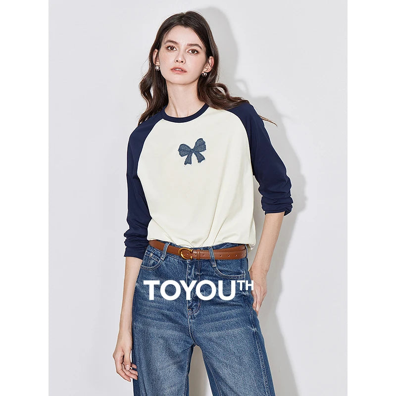 TOYOUTH Women T-shirt 2024 Autumn New Denim Bow Contrasting Color Raglan Sleeve Pullover Casual Tops - Lootquake